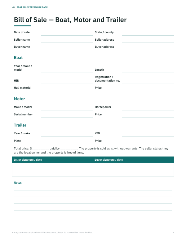 Preview of Boat Bill of Sale Form