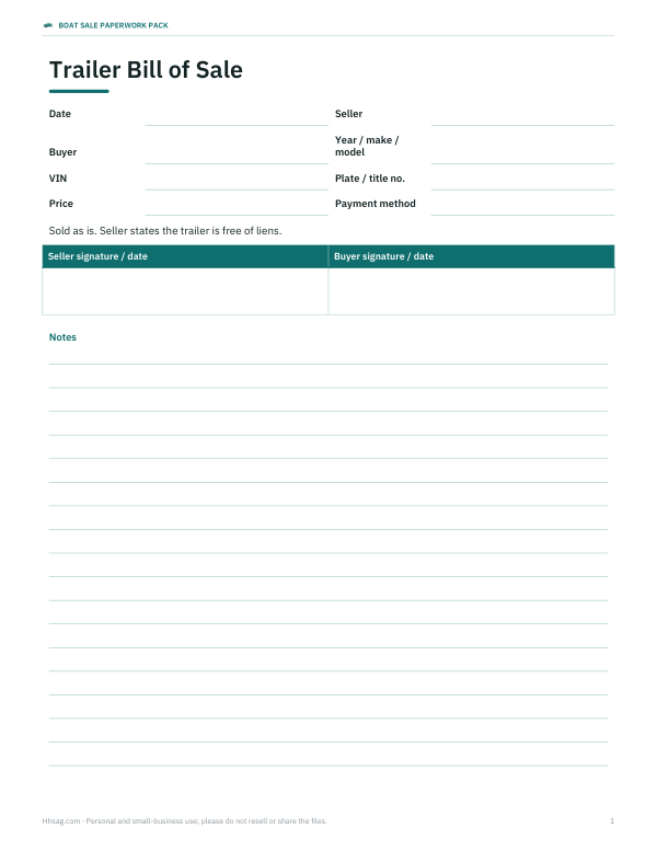 Preview of Printable Trailer Bill of Sale